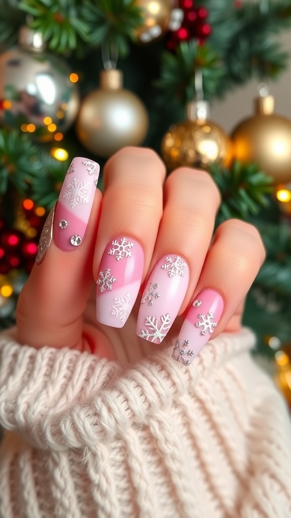 Elegant pink Christmas acrylic nails with snowflake designs and rhinestones.